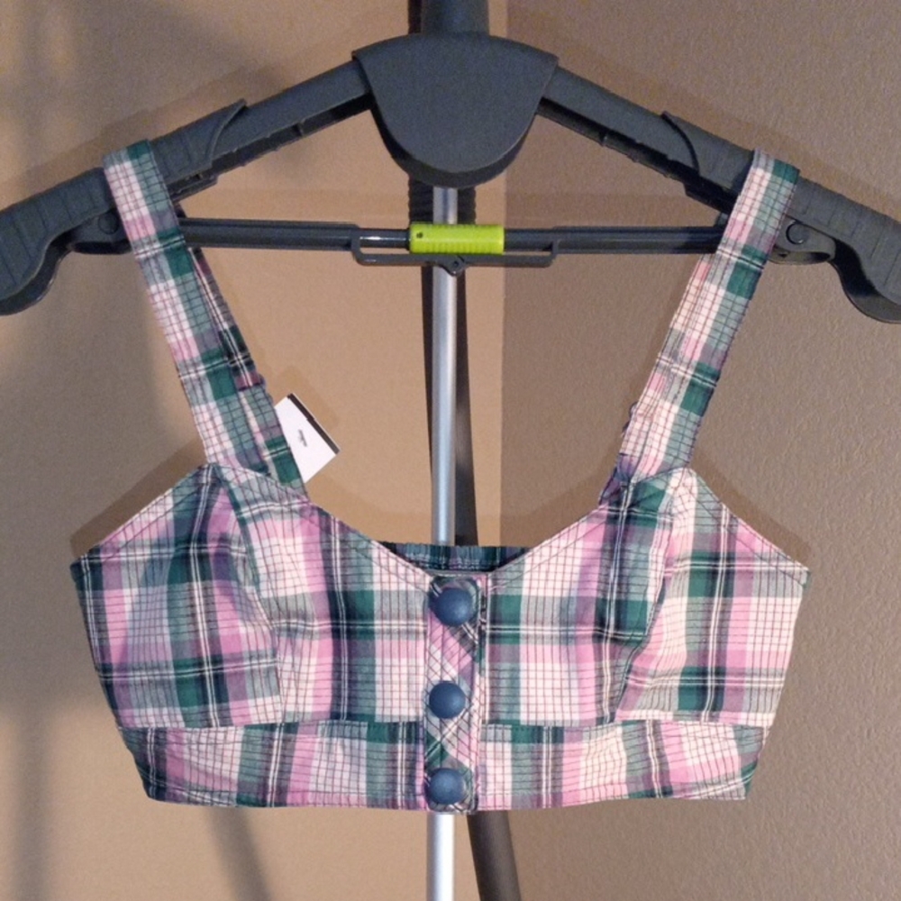 NWOT Urban Outfitters Pink and Green Plaid Crop Top Size Medium